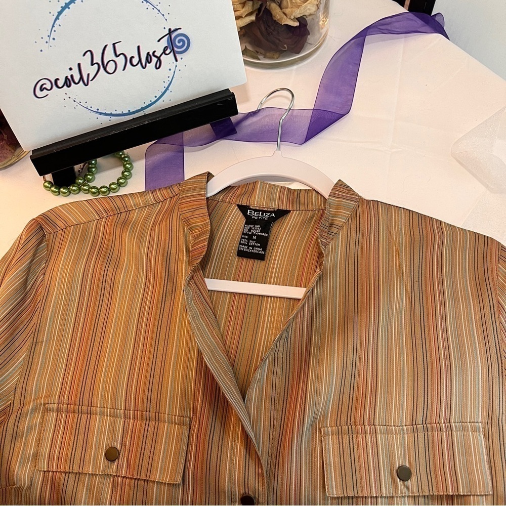 BELIZA Petite Silk Stripe Button Top Blouse M - Picture 7 of 8